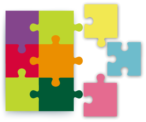 Buntes Puzzle mit passenden und noch offenen Teilen – Sinnbild für eine Begleitung, die zu deinen Bedürfnissen passt.