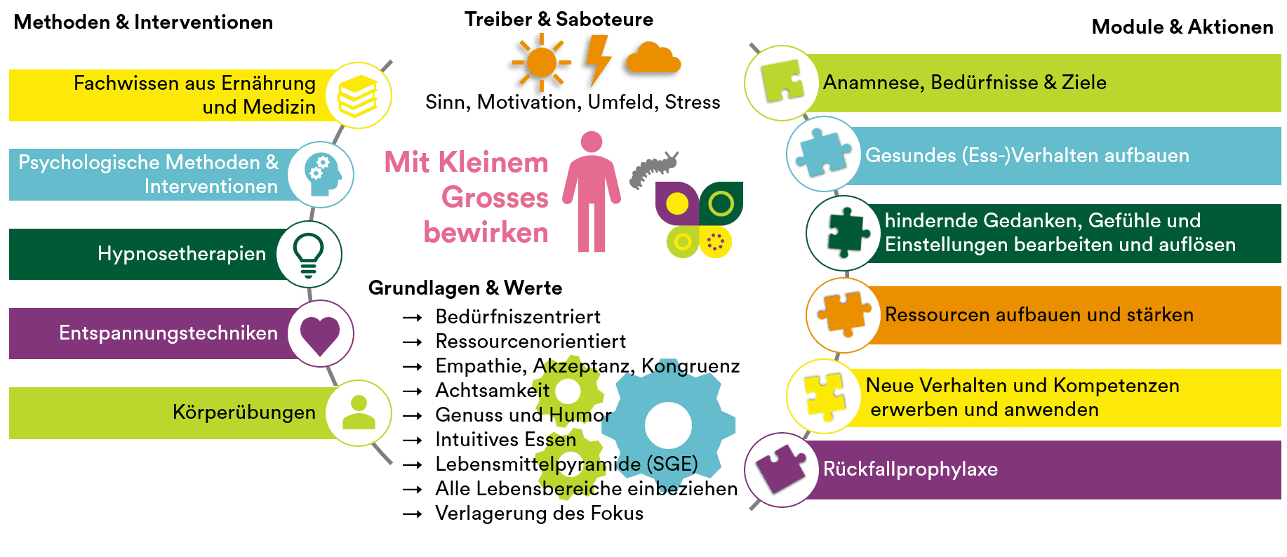 Beratungs- und Coaching-Modell von Irene Held: Methoden, Grundlagen und mögliche Schritte der Begleitung. Ausführliche Beschreibung unter der Grafik.